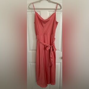 Tahari ASL Silk Coral Midi Dress with Tie Waist